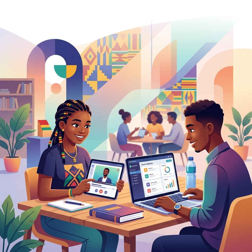 Ghanaian students learning on Learnade — video lessons and course materials on tablet and laptop